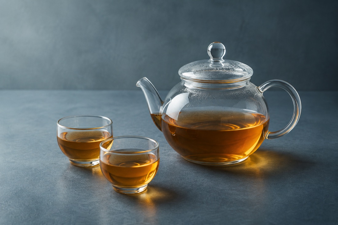 透明玻璃茶壶与茶杯的产品风格示意