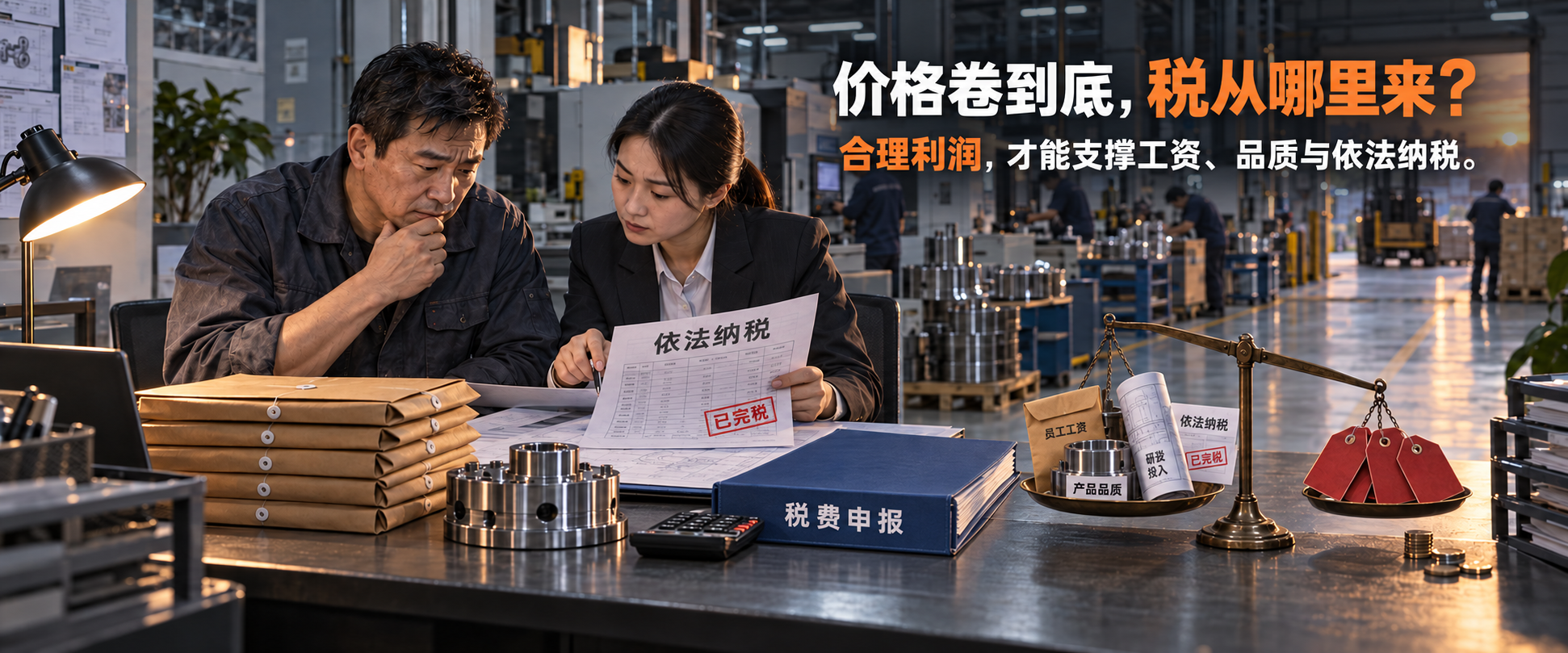 制造车间品牌海报：价格卷到底，税从哪里来？合理利润，才能支撑工资、品质与依法纳税。